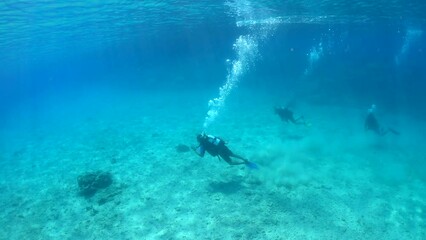 Slow motion of divers on sea bottom. Underwater video