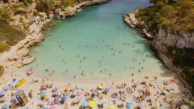 Aerial view of Cala Llombards, Mallorca Island, Spain. Cinematic 4K