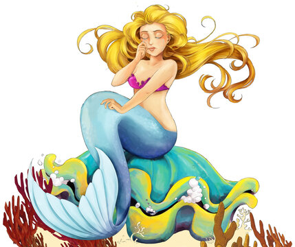 cartoon scene with mermaid princess queen isolated illustration for children 
