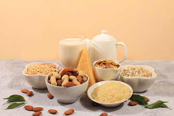 Assortment of vegan non-dairy products on a concrete table, shop banner, plant-based alternative dairy products - milk, cream, yogurt, cheese, nuts, rice, oatmeal, lentils, he
