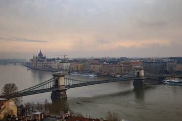 panoramic of budapest with fog, view of the bridge and the danube river
