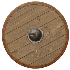 Wooden round medieval viking shield. Render 3d. Isolated on transparent background, png.