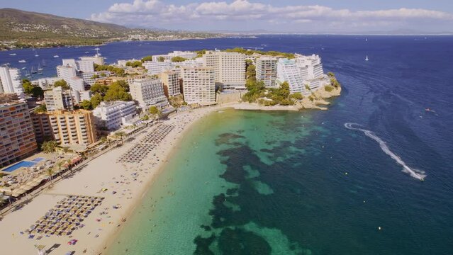 Aerial panoramic view over the city of Palma de Mallorca, Illes Balears, Spain. Cinematic 4K