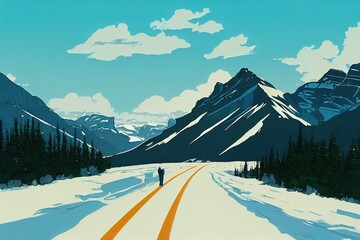 Road from Banff to Columbia Icefield, Banff National Park, Alberta, Canada, anime style, cartoon style toon style - obrazy, fototapety, plakaty