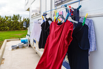 Clothes hanging to dry outdoor at caravan