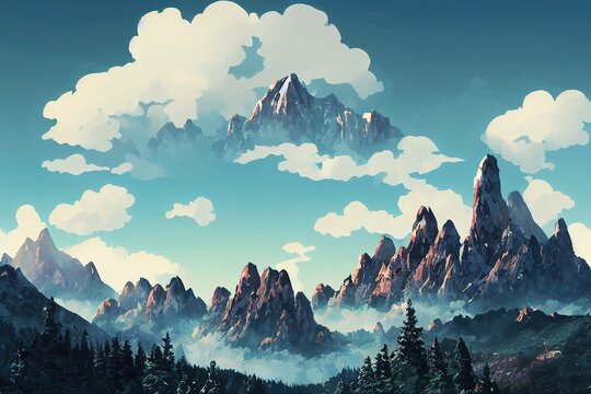 Scenic alpine landscape with great dragon shaped mountain under cloudy sky, Beautiful mountain scenery with big sharp rocks in cloudy sky above coniferous forest