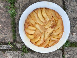 Close up of pear tart, the ripe organic fruit harvest fresh from country allotment orchard garden...