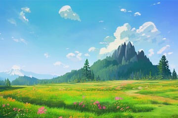 Obraz premium Mountain meadow in summer landscape, anime cartoon style, drawing