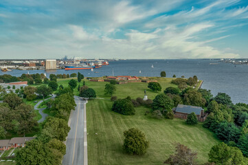 Aerial view of Fort Mc Henry, historic star fort in Baltimore Maryland on the Chesapeake Bay with...