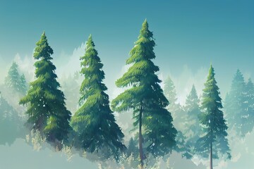 illustration with high pines in fir trees forest isolated on white background, anime style, style, toon,