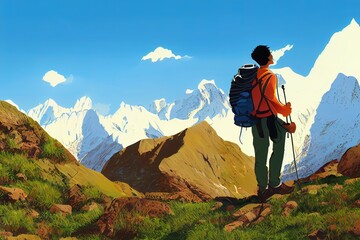 Male backpacker enjoying the view on mountain walk in Himalayas, Travel, adventure, sport concept, toon style, cartoon style