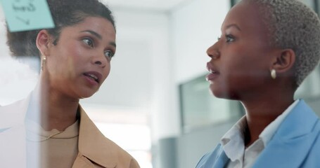 Planning, strategy and business women writing ideas on moodboard and post it for project management, teamwork or collaboration. Brainstorming corporate work people and mission for company development