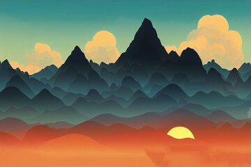 Sunrise in the mountains, mountain ranges in the morning haze, panoramic view, illustration, anime style, cartoon style, toon style