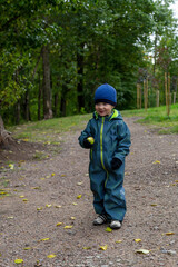 A two-year-old kid walks through the autumn forest with an apple in his hands in late autumn. Pretty face. Forward movement.
