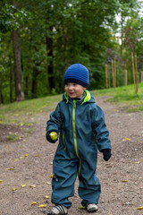 A two-year-old kid walks through the autumn forest with an apple in his hands in late autumn. Pretty face. Forward movement.