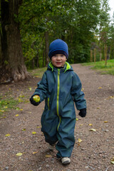 A two-year-old kid walks through the autumn forest with an apple in his hands in late autumn. Pretty face. Forward movement.