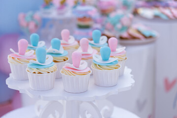 Candy bar at the event. Sweets blue and pink