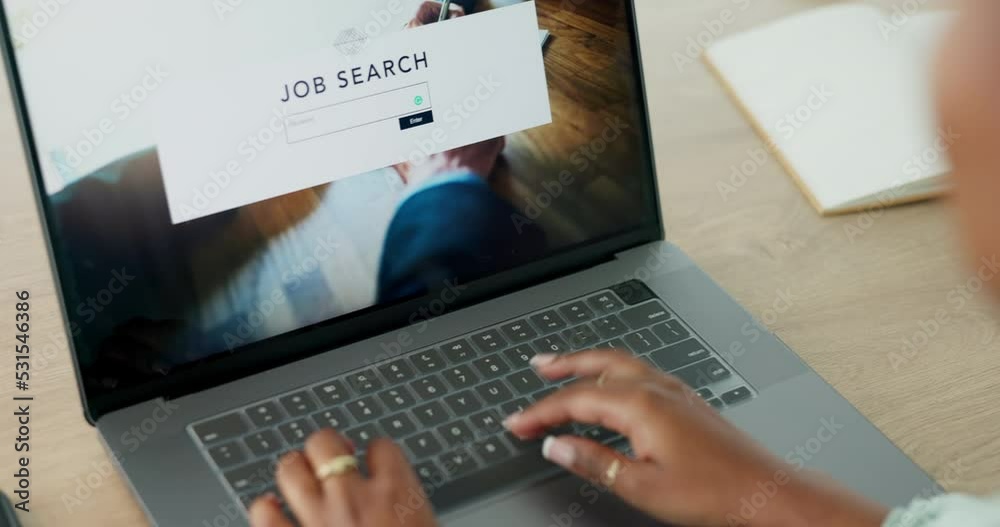Poster online recruitment, laptop search and employee on web for interview, working on hiring for job and t