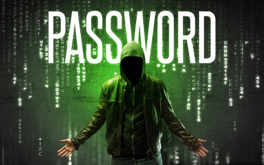 Faceless hacker with inscription concept
