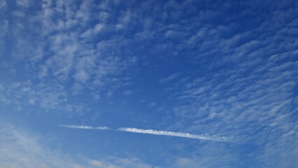 Fototapeta na wymiar うろこ雲の下を走る飛行機雲