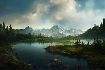 Fototapeta na wymiar Mountain forest pond nature scenery, realistic style, 8k, nature photography, artstation