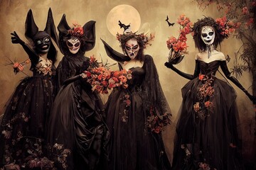 Group of three diverse charming coquettes in dark masquerade elegant dresses, masks on eyes, smiling, enjoying near decorated wall with bats, toothy beaming smiles, scary bright cosmetics hot figures