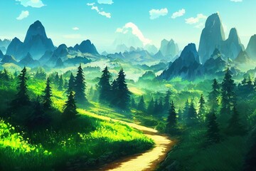 Coniferous Forest and Mountains Landscape Travel serene scenery summer green, anime style, style, toon,