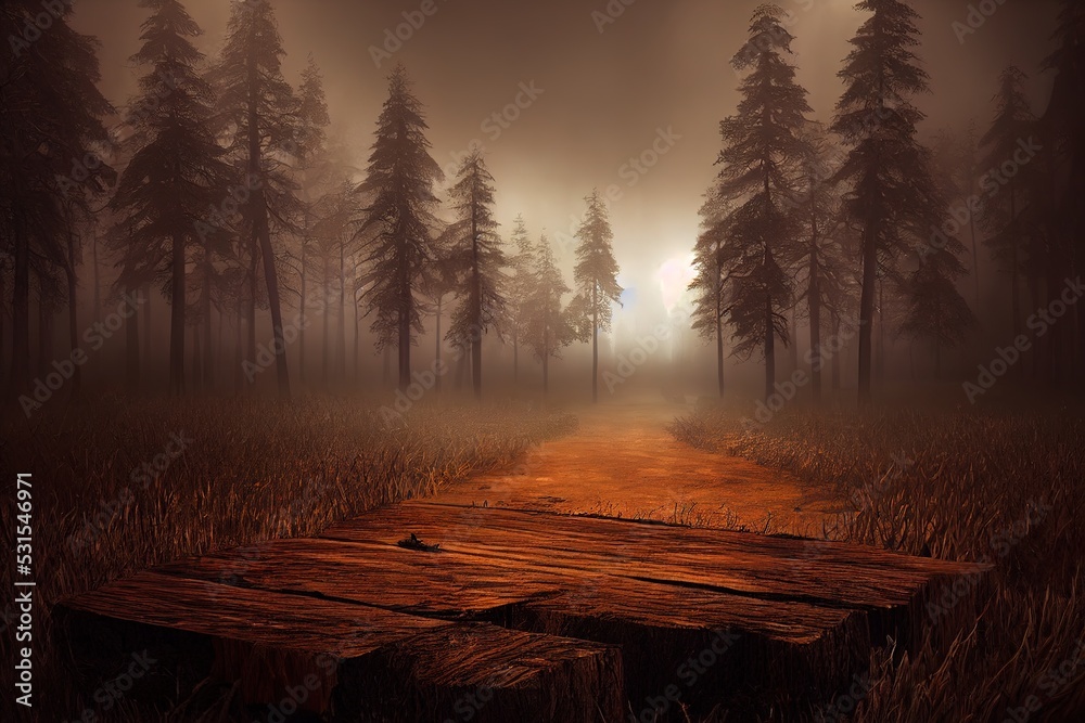 Sticker Halloween Background concept Spooky forest volumetric fog with many dead trees and wooden table foreground.3d rendering