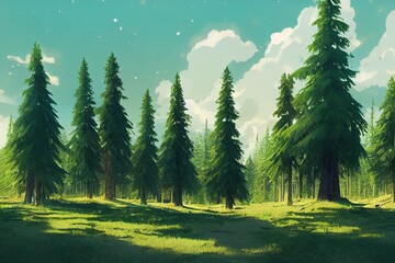 Healthy green trees in a forest of old spruce, fir and pine trees in wilderness of a national park. Sustainable industry, ecosystem and healthy environment concepts and background., anime style, artst