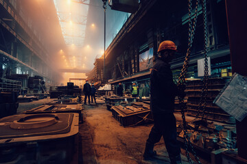 Metallurgical plant. Industrial steel production. Interior of metallurgical workshop.