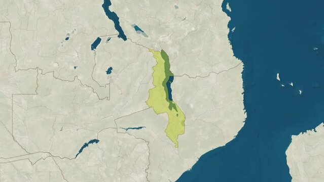 Zoom in to the map of Malawi with text, textless