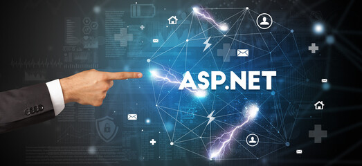 Hand pointing at inscription concept