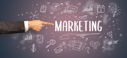 Close-Up of cropped hand pointing at business inscription