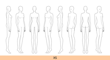 Set of XS size Women Fashion template 9 nine head Croquis Lady model skinny body figure front, side, 3-4, back view. Vector outline isolated girl for Fashion Design, Illustration, technical drawing