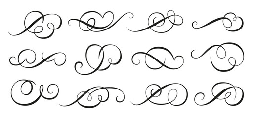 Live line flourish set. Calligraphic swirl ornament. Filigree vignette ornamental curls. Decorative separator elements for menu, certificate diploma, wedding card invatation, outline text divider