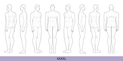 Set of XXXXL Men Fashion template extra large 9 head size Croquis over plus size model Curvy body figure front, side, 3-4, back view. Vector boy for Fashion Design, Illustration, technical drawing