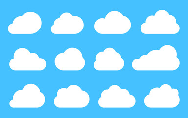 Clouds white flat icon set isolated on blue sky. Different shape cloud abstract web banner template outline cartoon speech bubble symbol. Digital internet network data technology business concept sign