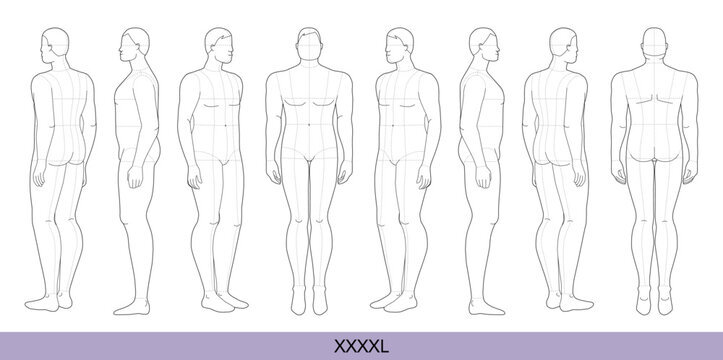 Set of XXXXL Men Fashion template extra large 9 head size Croquis over plus size model Curvy body figure front, side, 3-4, back view. Vector boy for Fashion Design, Illustration, technical drawing