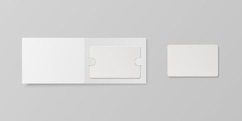 Vector 3d Realistic White Guest Room, Plastic Hotel Apartment Keycard, ID Card, Sale, Credit Card Design Template with Paper Cover Case, Wallet for Mockup, Branding. Top View