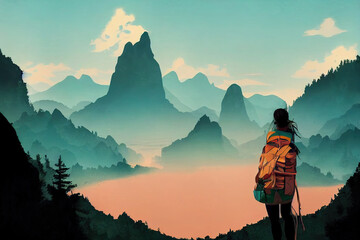 Travel, Girl travels through the mountains and waterfalls of wild nature, Unity, mental health, eco travel, Hiking in the mountains