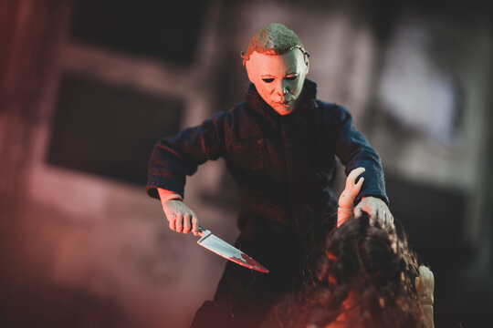 NEWE YORK USA - SEPT 17 2022: Halloween Movie Slasher Michael Myers Finishing A Victim, Halloween 2 - Neca Action Figure