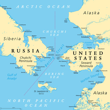 Bering Strait, political map. Strait between the North Pacific Ocean and the Arctic Ocean, separating the Chukchi Peninsula of the Russian Far East from the Seward Peninsula of Alaska, United States.