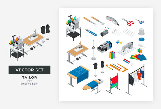 Isometric tailor kit vector collection. sewing kit illustration. This design is perfect for textile, sewing, cloth and fashion companies. Colors Editable Eps 10