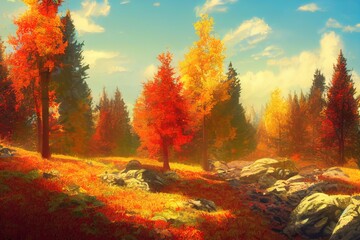 Fototapeta na wymiar Amazing autumn forest in morning sunlight. Red and yellow leaves on trees in woodland. Golden forest landscape., anime style, style, toon,
