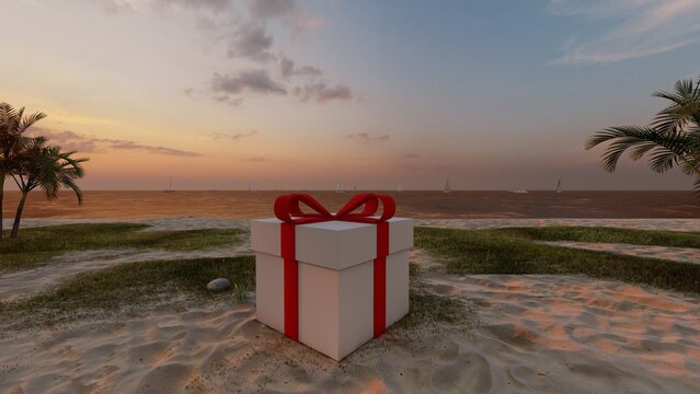 gift box with ribbon on beach
