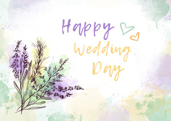 Obraz premium Vintage sketch with branches drawn by hand. Horizontal wedding background with lavender in rustic eco style. The background is a frame for an invitation or a postcard.