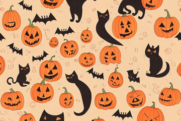 Fototapeta premium Halloween cartoon pattern. Cute dressed cats seasonal party. illustration