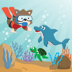 Obraz na płótnie Canvas Vector illustration of cute little bear and dolphine diving in undersea adventure on a background of beautiful blue water