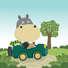 Cute hippo driving a car go to forest funny animal cartoon. Creative vector childish background for fabric, textile, nursery wallpaper, poster, card, brochure. and other decoration.