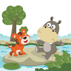 Obraz na płótnie Canvas Vector cartoon illustration of cute little hippo and tiger play in jungle, T-Shirt Design for children. Creative vector childish background for wallpaper, poster and other decoration.
